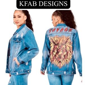 JACKET: “SAVAGE “ Lion Print Button-Down Denim Jean, EUC